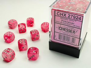 Ghostly Glow™ 16mm d6 Pink/Silver Dice Block™ (12 Dice)